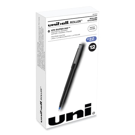 Uni-Ball Stick Roller Ball Pen, Micro 0.5mm, Blue Ink, Black Matte Barrel, PK12 60153